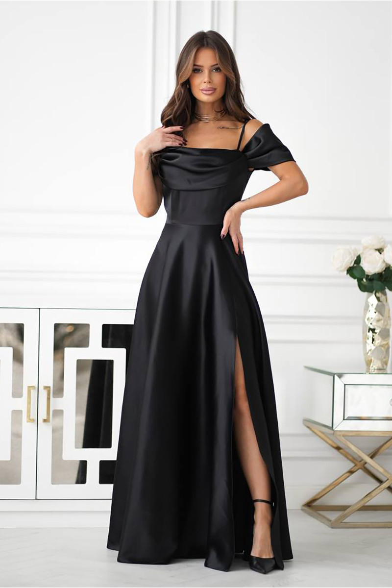 АТЛАСНА СУКНЯ ЗІ СПУЩЕНИМИ РУКАВАМИ ТА ДРАПІРУВАННЯМ У ЗОНІ ДЕКОЛЬТЕ 7569