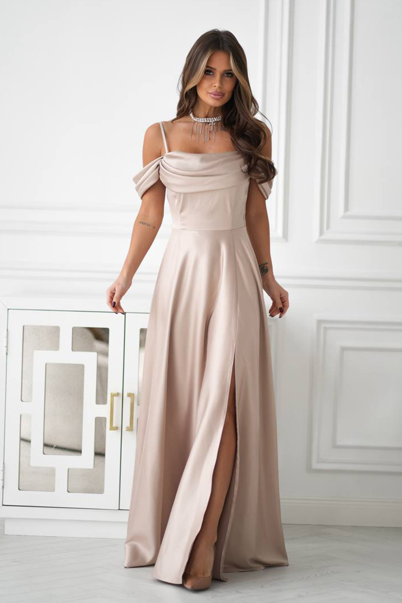 АТЛАСНА СУКНЯ ЗІ СПУЩЕНИМИ РУКАВАМИ ТА ДРАПІРУВАННЯМ У ЗОНІ ДЕКОЛЬТЕ 7569